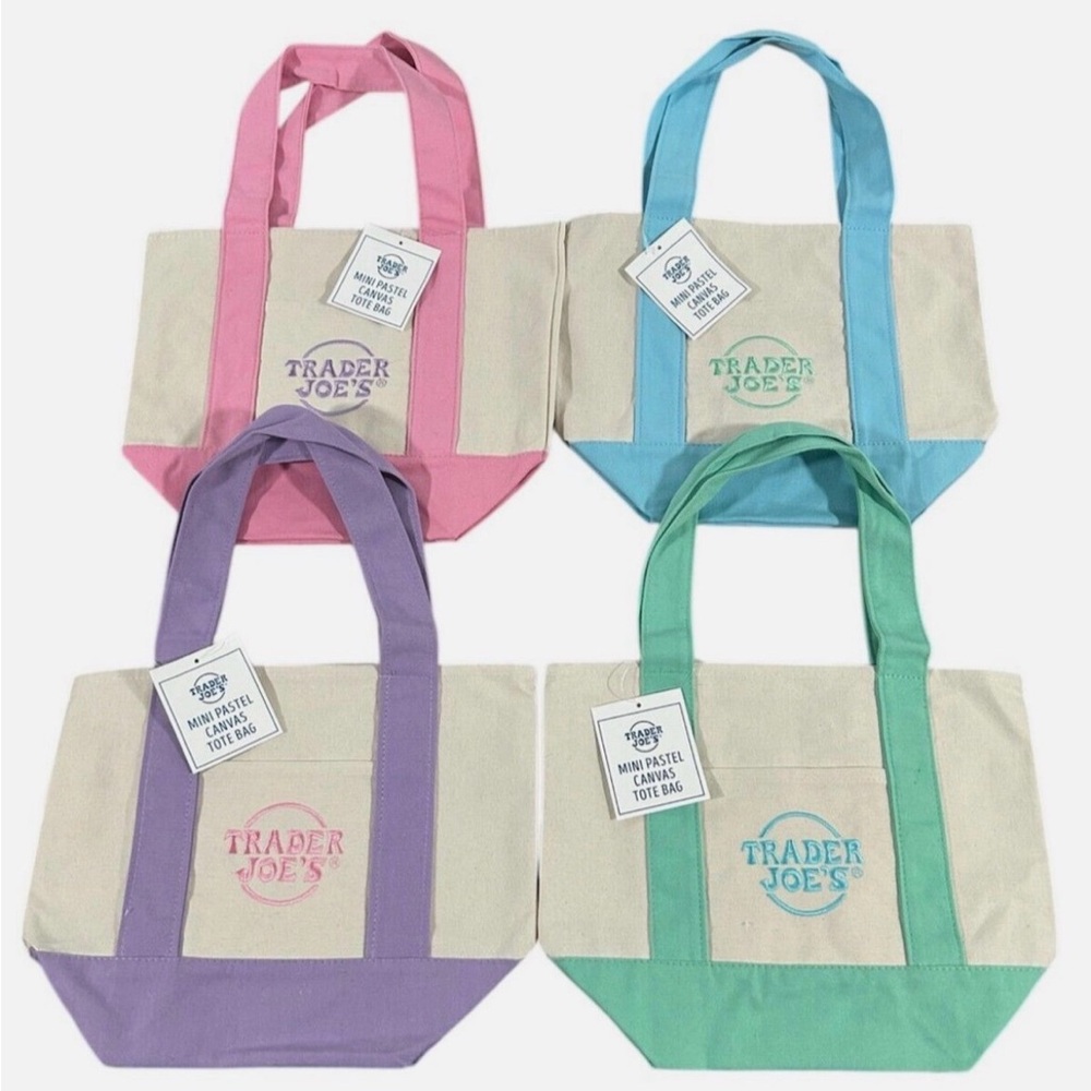 Trader Joe’s Pastel Mini Tote Bags - Pink, Blue, Green, Purple $15 each
